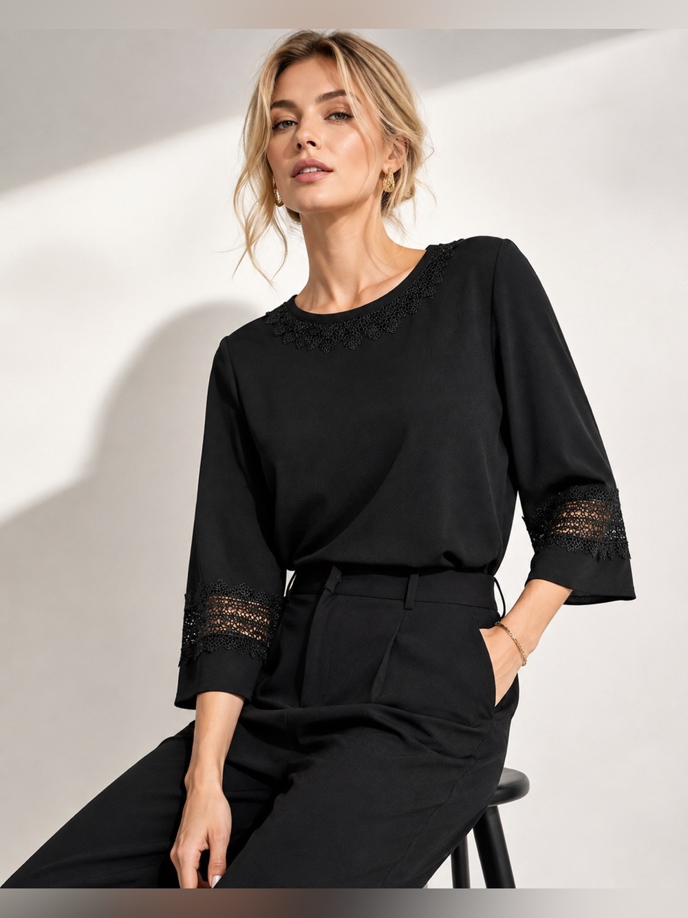 Karl Lagerfeld Paris Black Lace Trim Bell Sleeve Blouse – Size Medium – Like New